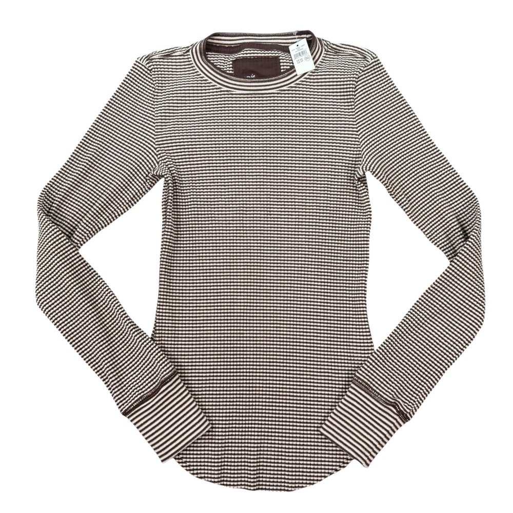 Aerie Women Striped Metallic Waffle Knit Thermal Top Brown Size XS